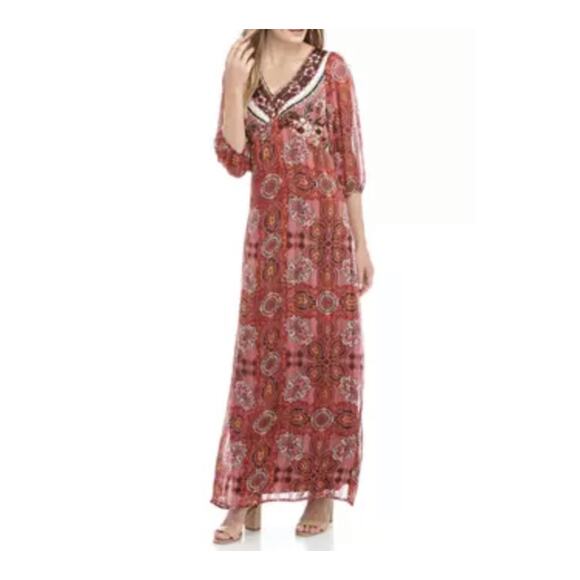Chetzu Women's Maxi Dress Size 12 Red Chiffon Exotic Print NWOT - Picture 1 of 9
